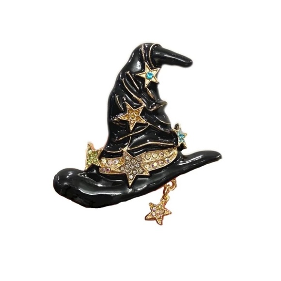 **SIGNY* Black x Rhinestone Fashion Witch Hat Brooch - Picture 1 of 4
